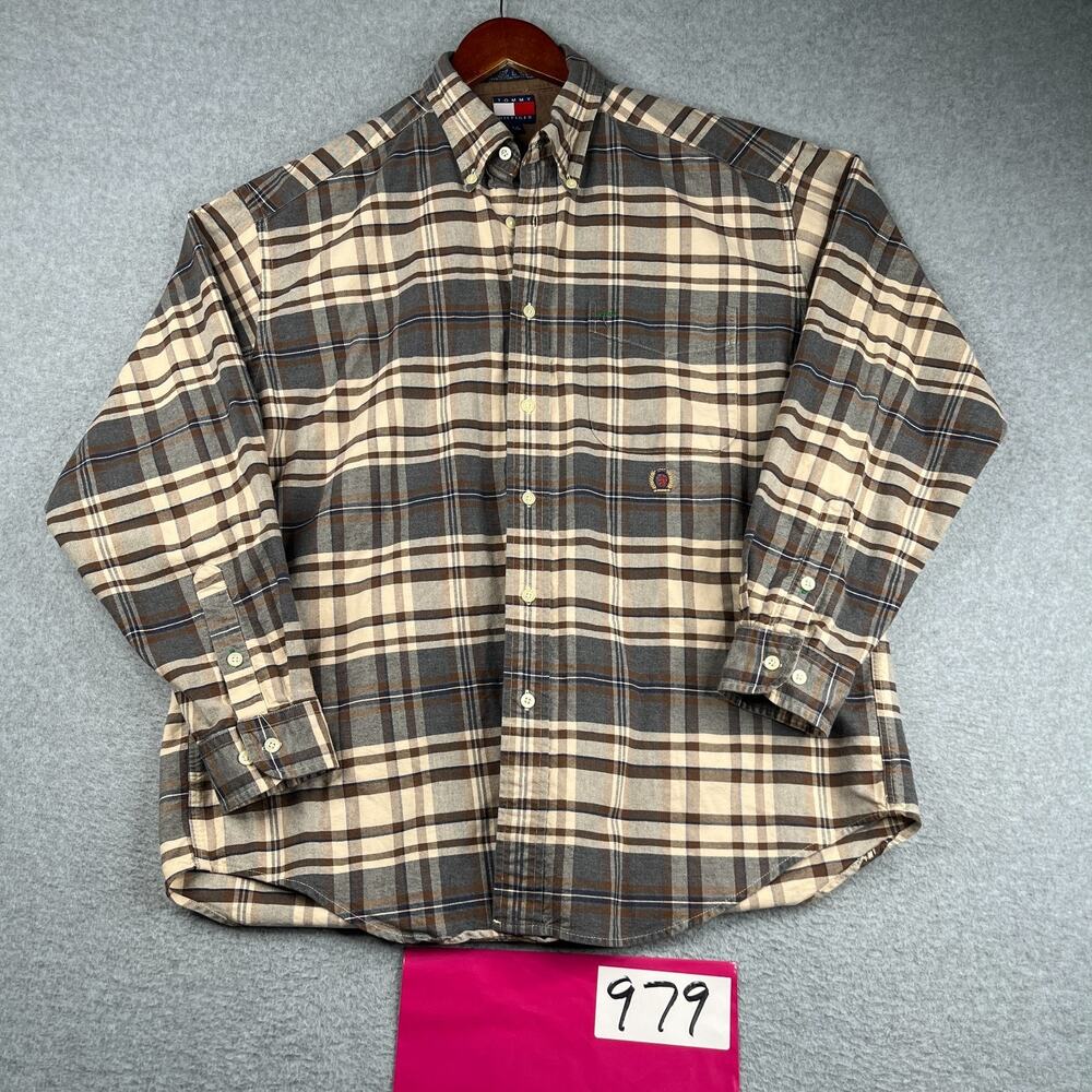 Vintage Tommy Hilfiger Shirt Large Pocket Crest Plaid Button Up Long Sleeve Mens